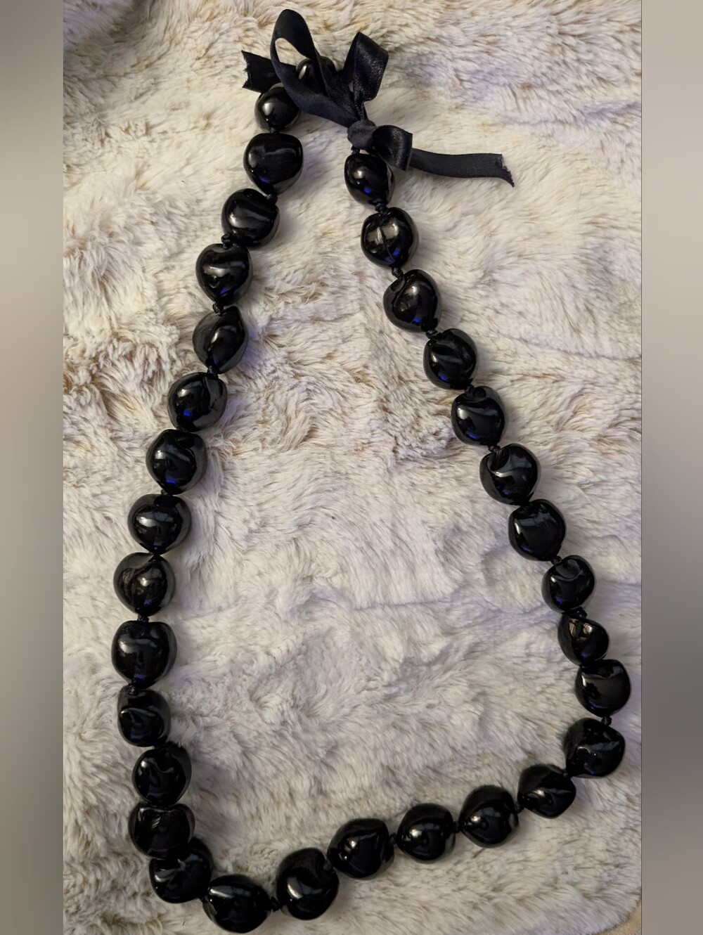Black Statement Necklace - Kukui Nut Lei inspired with Ribbon Closure